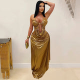 Women Party Daily Wear Dress European American Fashion Halter Gold Chain Ruffle Bodycon Elegant Slim Fit Stylish Formal Gown