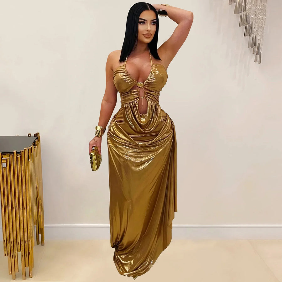 Women Party Daily Wear Dress European American Fashion Halter Gold Chain Ruffle Bodycon Elegant Slim Fit Stylish Formal Gown