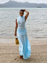 Women Elegant Light Blue Maxi Dress Sexy High Neck Sleeveless Ruched Waist See Through Flowy Robe 2026 Chic Vacation Party Gown
