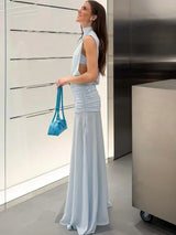 Women Elegant Light Blue Maxi Dress Sexy High Neck Sleeveless Ruched Waist See Through Flowy Robe 2026 Chic Vacation Party Gown