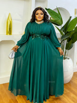 Women Elegant  Chritmas Green Chiffon Pleated Dress V Neck Puff Sleeves Floral Appliques Waist Weddings Party Church Event Gowns