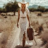 Women Sexy White Lace Slip Dress, V Neck High Low Hem Bodycon Gown for Wedding Guest Party Club Cocktail Night Out Casual Wear