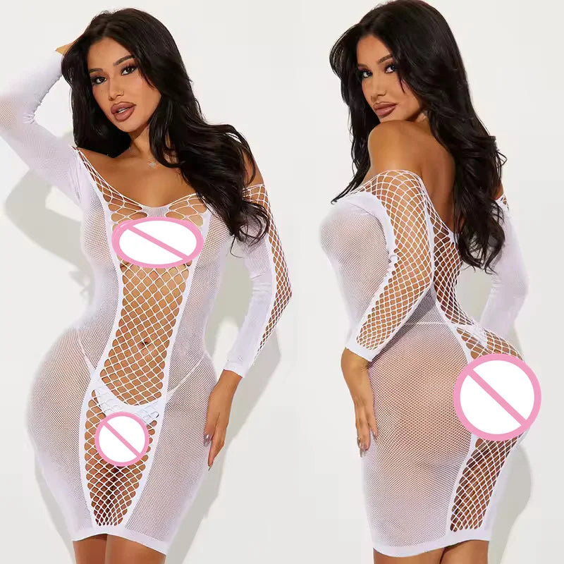 Women Sexy Dress Fishnet Cover Up Without Bikini Hollow Out See Through Bodycon Dress Beachwear Summer Nightwear Club Dress