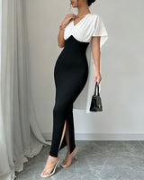 Women's Elegant Midi Dress Spring Summer Black White Color Block V Neck Cape Sleeve Slit Bodycon for Party Office Commute