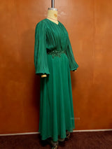 Women Elegant  Chritmas Green Chiffon Pleated Dress V Neck Puff Sleeves Floral Appliques Waist Weddings Party Church Event Gowns