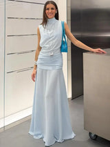 Women Elegant Light Blue Maxi Dress Sexy High Neck Sleeveless Ruched Waist See Through Flowy Robe 2026 Chic Vacation Party Gown