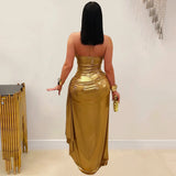 Women Party Daily Wear Dress European American Fashion Halter Gold Chain Ruffle Bodycon Elegant Slim Fit Stylish Formal Gown