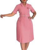 Women Elegant Dresses V Neck Short Sleeves Pleated Waist Belt 3D Flowers Classy Church Business Party Female African New