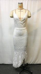 Women Sexy White Lace Slip Dress, V Neck High Low Hem Bodycon Gown for Wedding Guest Party Club Cocktail Night Out Casual Wear
