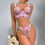Women's Sexy Lingerie Sets 2 Pieces See Through Pink Embroidery Lace Bra and Panties Fancy Underwear Set Romantic Erotic Costume