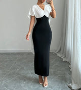 Women's Elegant Midi Dress Spring Summer Black White Color Block V Neck Cape Sleeve Slit Bodycon for Party Office Commute