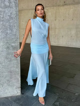 Women Elegant Light Blue Maxi Dress Sexy High Neck Sleeveless Ruched Waist See Through Flowy Robe 2026 Chic Vacation Party Gown