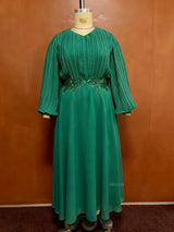 Women Elegant  Chritmas Green Chiffon Pleated Dress V Neck Puff Sleeves Floral Appliques Waist Weddings Party Church Event Gowns