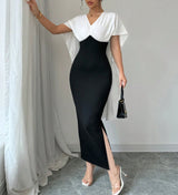 Women's Elegant Midi Dress Spring Summer Black White Color Block V Neck Cape Sleeve Slit Bodycon for Party Office Commute