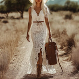 Women Sexy White Lace Slip Dress, V Neck High Low Hem Bodycon Gown for Wedding Guest Party Club Cocktail Night Out Casual Wear