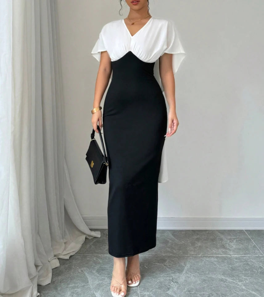 Women's Elegant Midi Dress Spring Summer Black White Color Block V Neck Cape Sleeve Slit Bodycon for Party Office Commute
