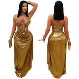 Women Party Daily Wear Dress European American Fashion Halter Gold Chain Ruffle Bodycon Elegant Slim Fit Stylish Formal Gown