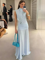 Women Elegant Light Blue Maxi Dress Sexy High Neck Sleeveless Ruched Waist See Through Flowy Robe 2026 Chic Vacation Party Gown