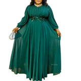 Women Elegant  Chritmas Green Chiffon Pleated Dress V Neck Puff Sleeves Floral Appliques Waist Weddings Party Church Event Gowns