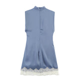Womens Dresses Elegant Blue Dress For Women High Neck Sleeveless With Ruffled Lace Hem Autumn Winter Slim Fit Mini Dress Brand